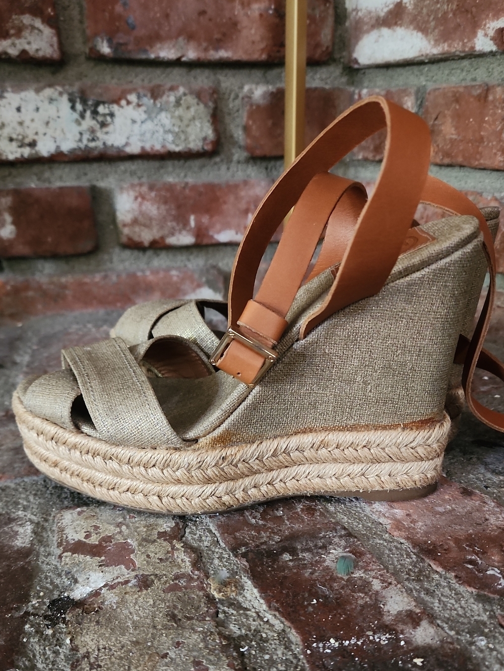 Tory Burch Tan Leather Ankle-Strap Wedge Espadrilles